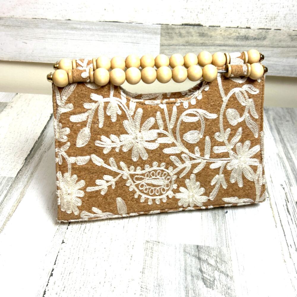 Haute Hippie Floral Cork Clutch Bag Wood Beaded Handle Boho Luxe Tan NEW Summer